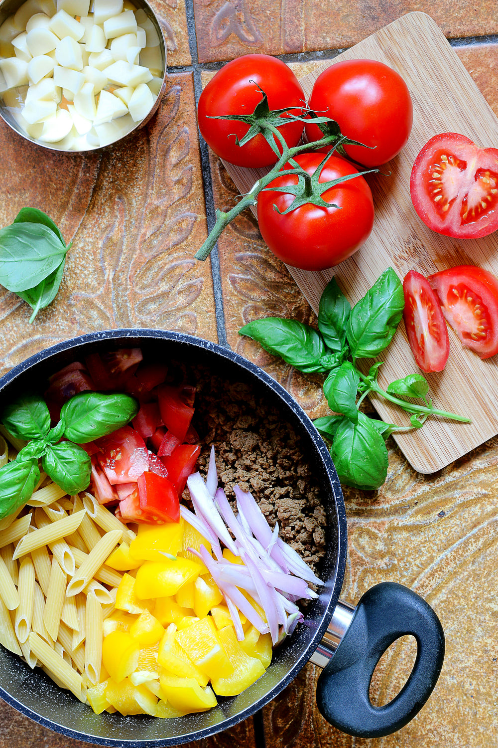one pot pasta prepped noodles and veggies