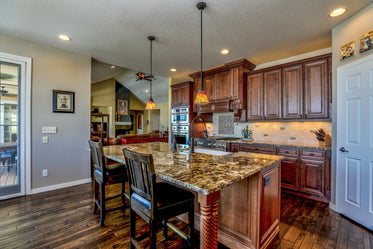 open plan kitchen with wooden fixtures