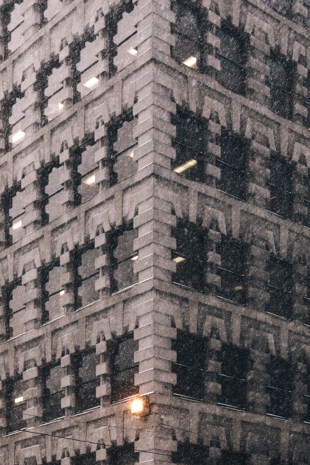 ornate brick building in blizzard