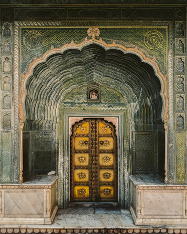 ornate building entrance in deep green