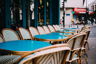 outdoor teal cafe tables