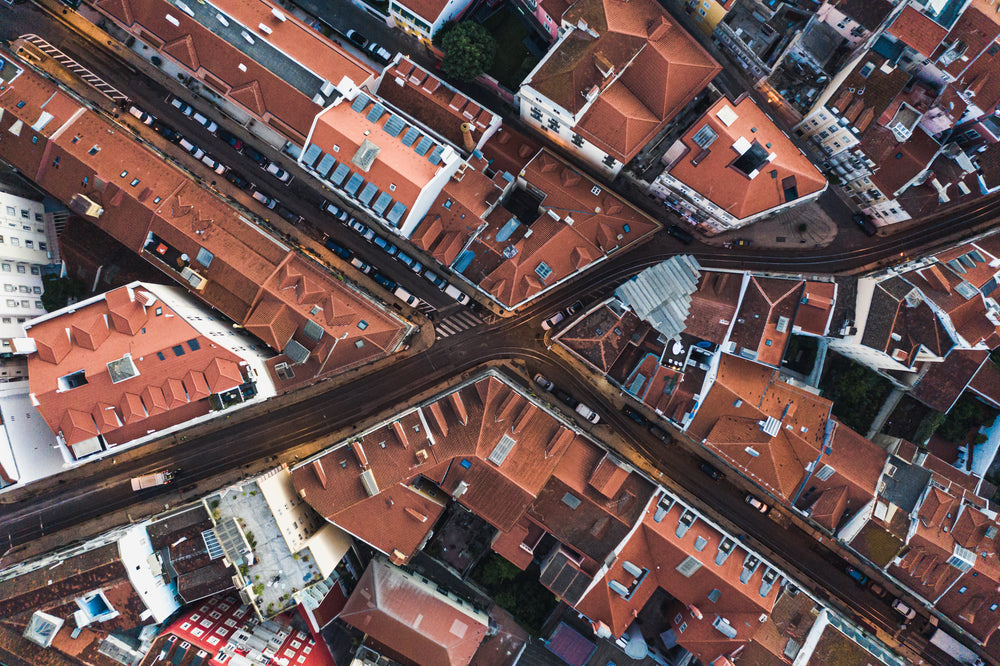 overhead view from drone of curved lisbon streets