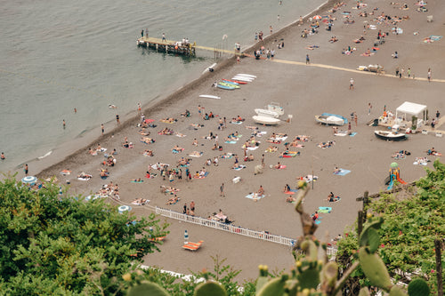 overhead view of beach and water
