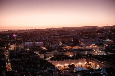 overhead view of lisbon city skyline at sunset