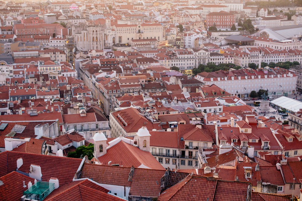 overhead view of the red clay rooftops of lisbon