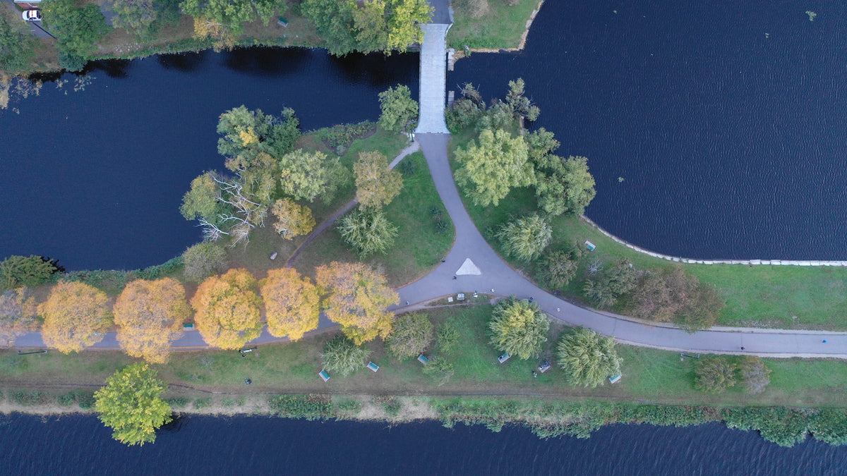 overhead view of waterside path