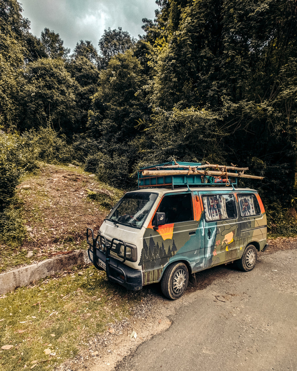 painted van stacked with branches by the roadside