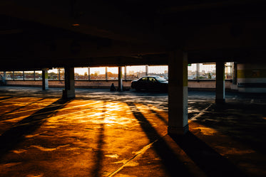 parking garage lit up by a golden sunset
