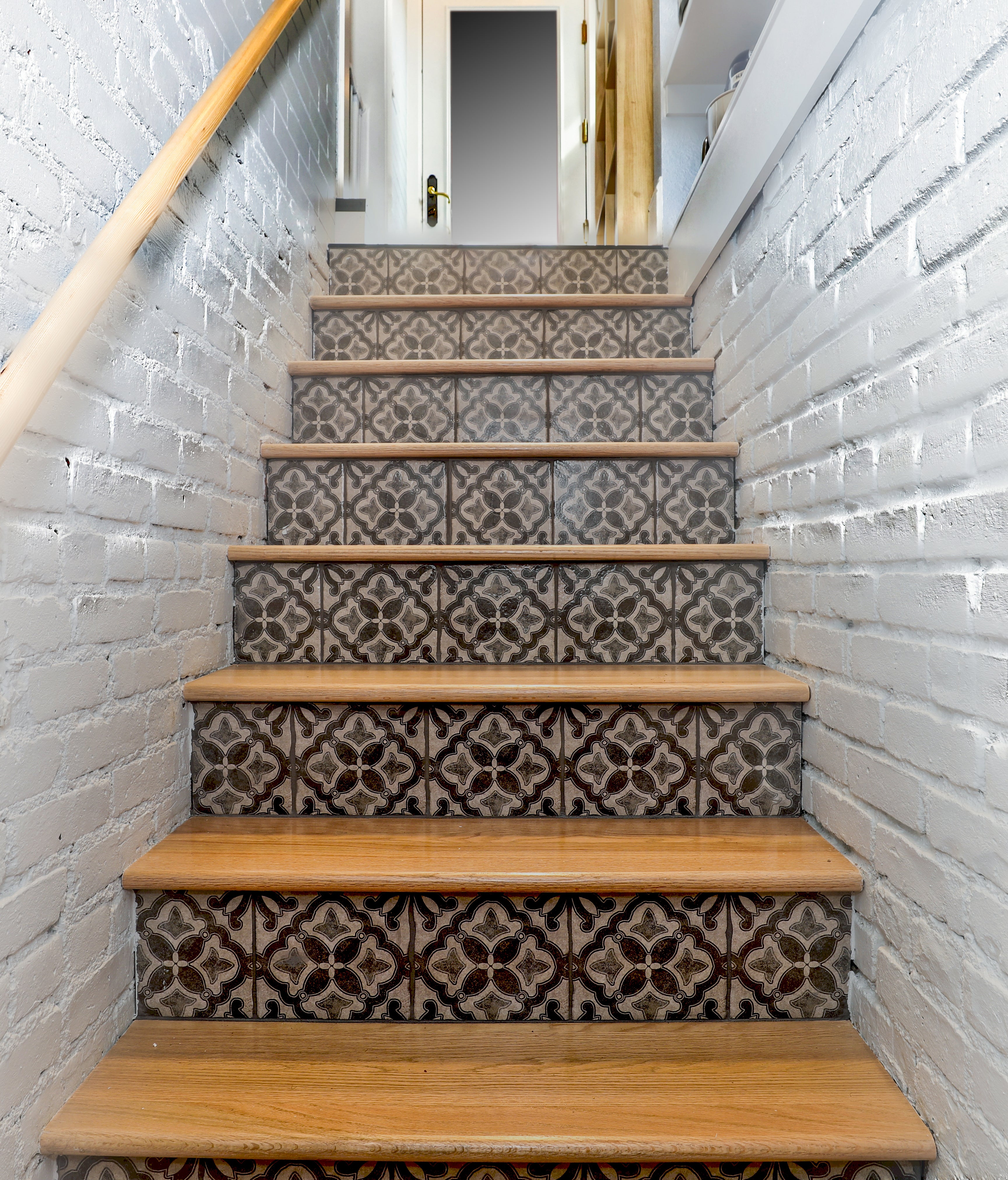 Staircase Eclectic Miami beige tiles blue tiles brick patio bright tile  stairs colorful stairs floral tiles g…