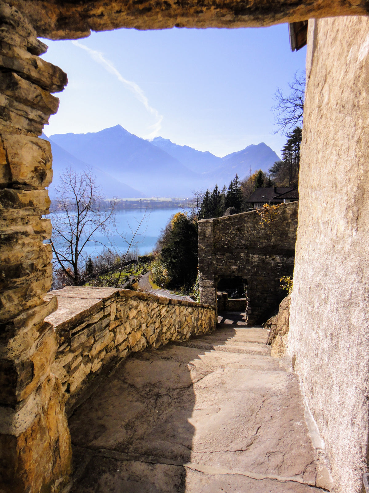 paved walkway by lake and mountains