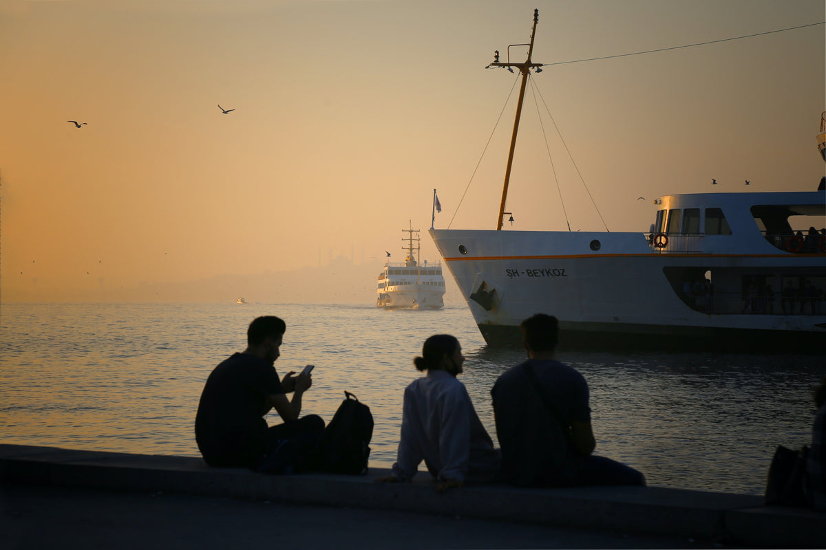 people silhouetted while watching ships pass at sunset