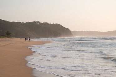 people walk down a sandy beach on a clear day