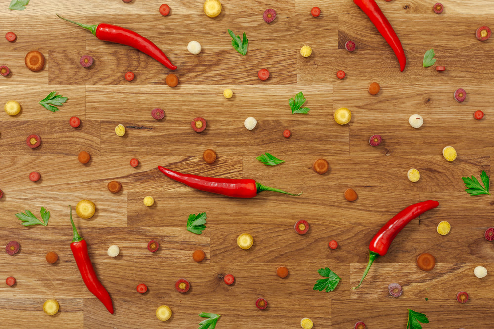 peppers and other vegetables flatlay