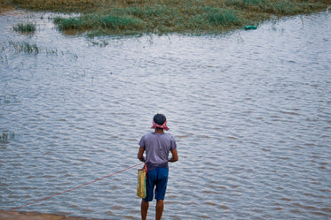 person faces blue water with tall grass growing in it