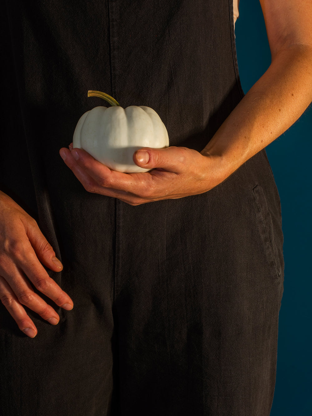 person holds a small white pumpkin in their palm