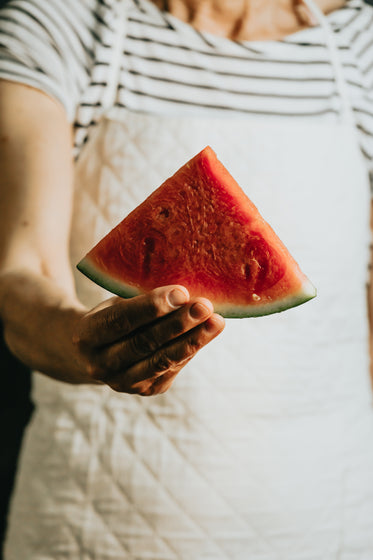 person holds out a single slice of watermelon