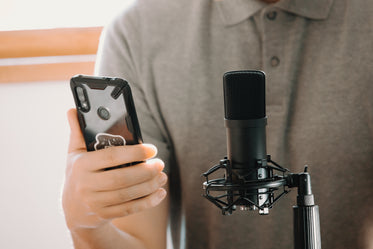 person in front of microphone holding their cell phone