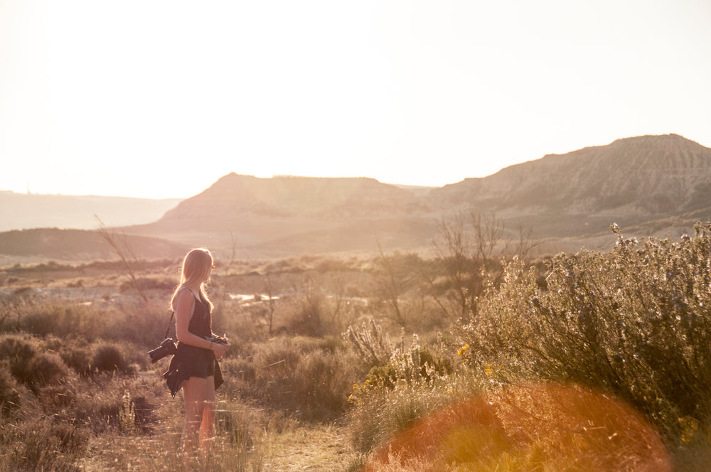 person looks out to a wild field and mountains