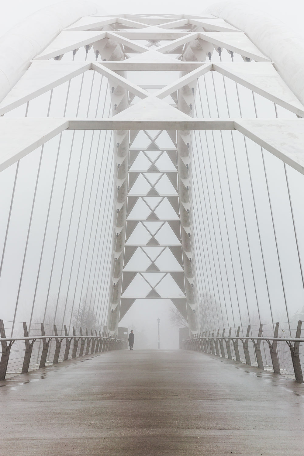 person on foggy walking bridge