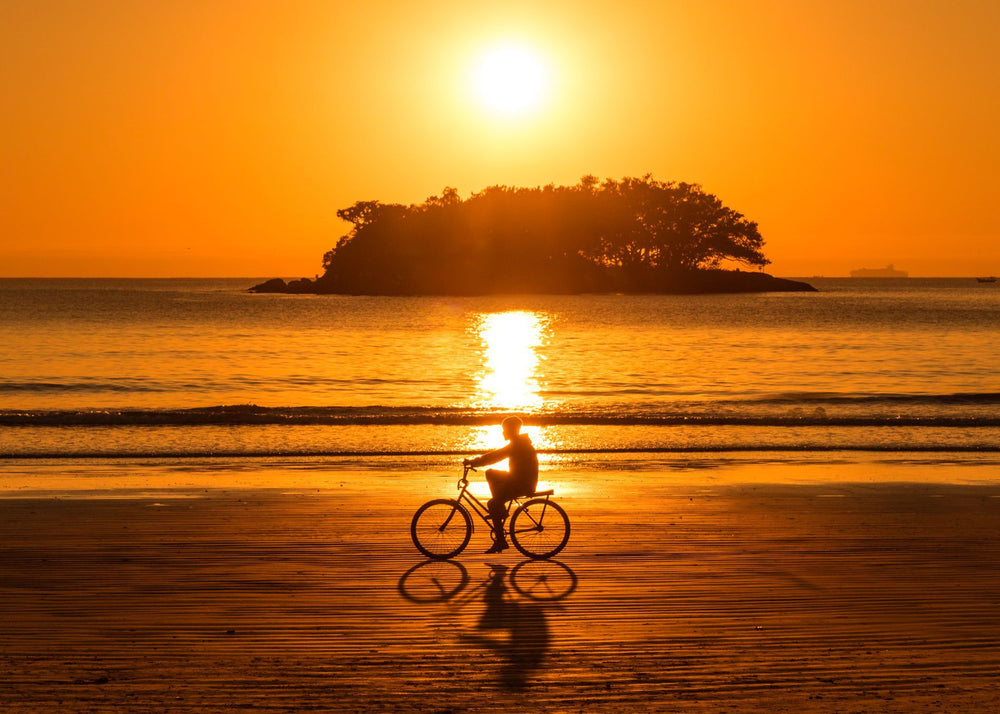 person riding their bike at sunset along the beach