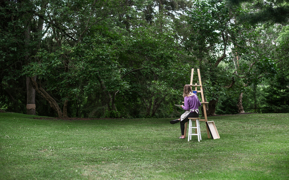 person sits outdoors and paints the nearby landscape