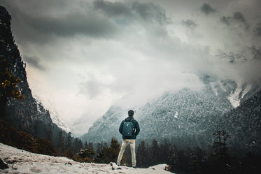 person stands and looks at snowcapped mountain