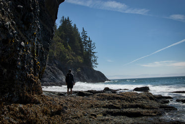 Person Stands Facing The Wild Waves On A Rocky Shore