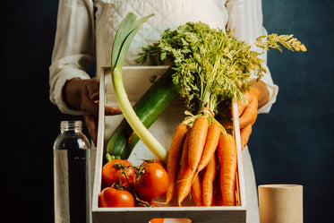 person tilts a box full of vegetables towards the camera