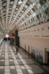 person walks down a wide atrium with a curved ceiling