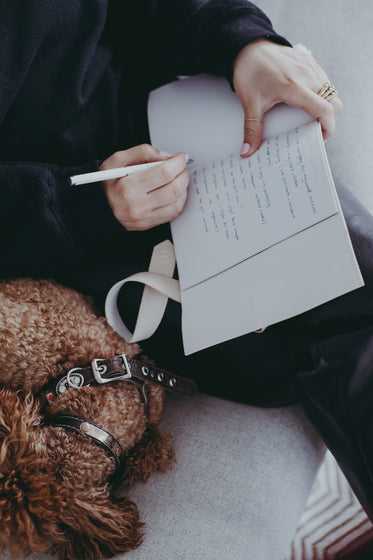 person writes in a notebook with a puppy sleeping next to them