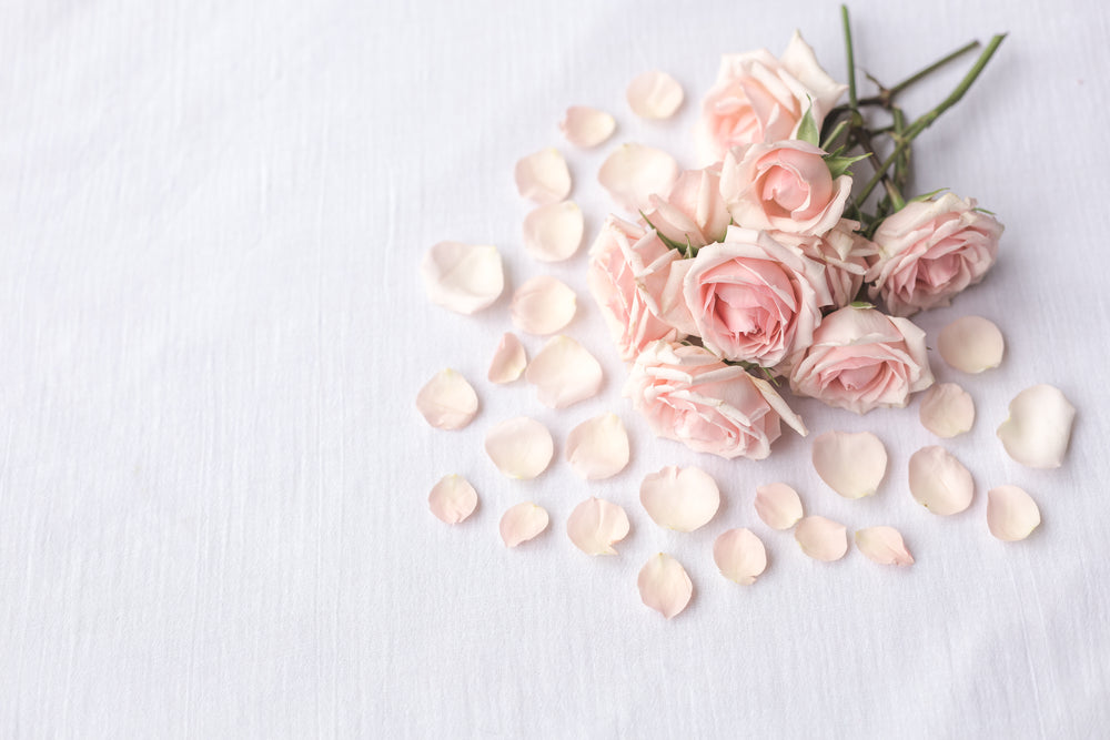 petals surrounding a pink bouquet