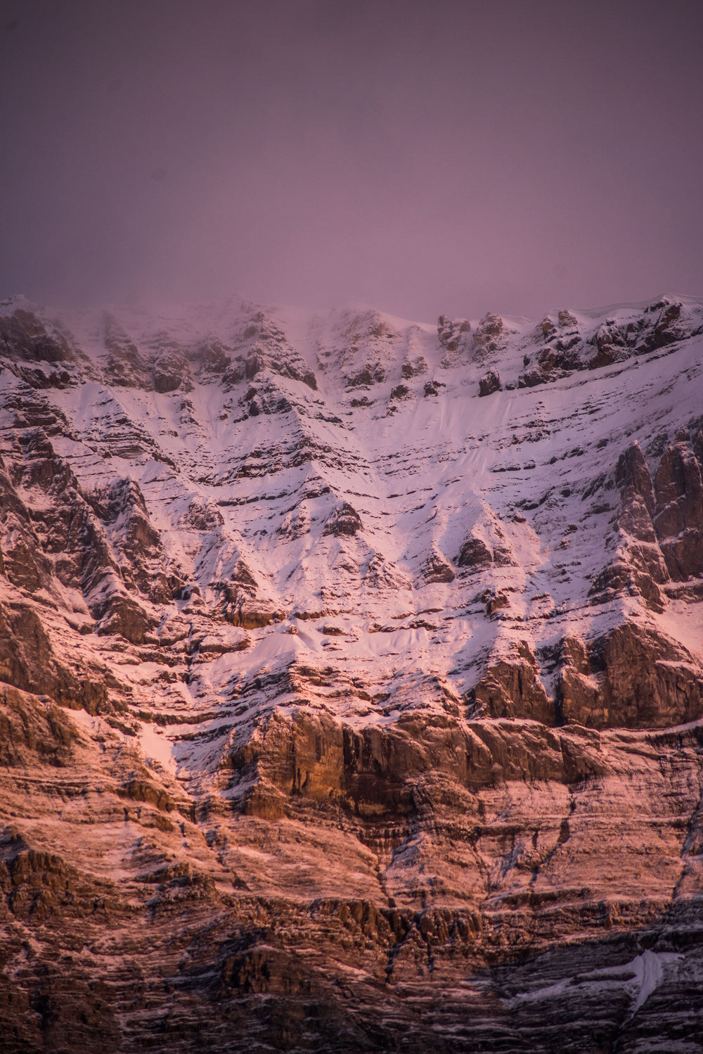 pink hue over snowcapped mountains