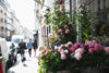 pink roses and peonies outside a flower shop in paris
