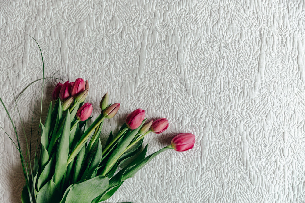 pink tulips on quilted blanket