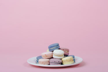 plate of pastel macarons with negative space