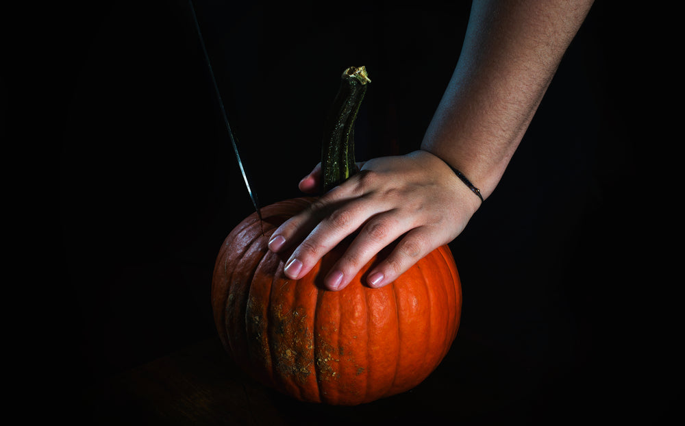 preparing to cut open a pumpkin