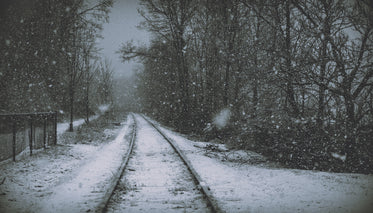 puffy snowflakes cover retired railroad tracks along path