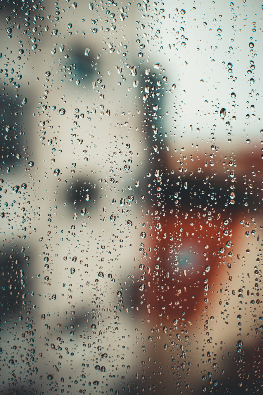 Coloured rain drops lit against a dark window
