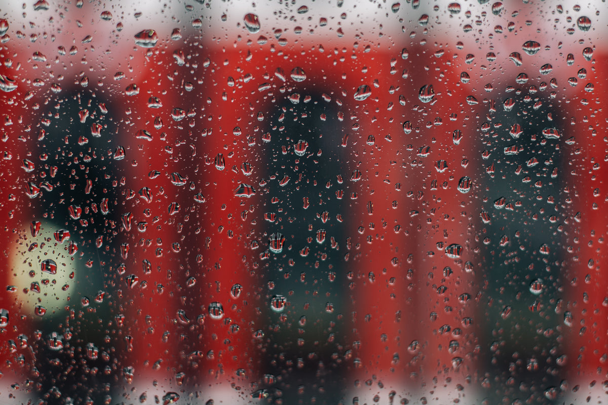 rainy window with red streetcar