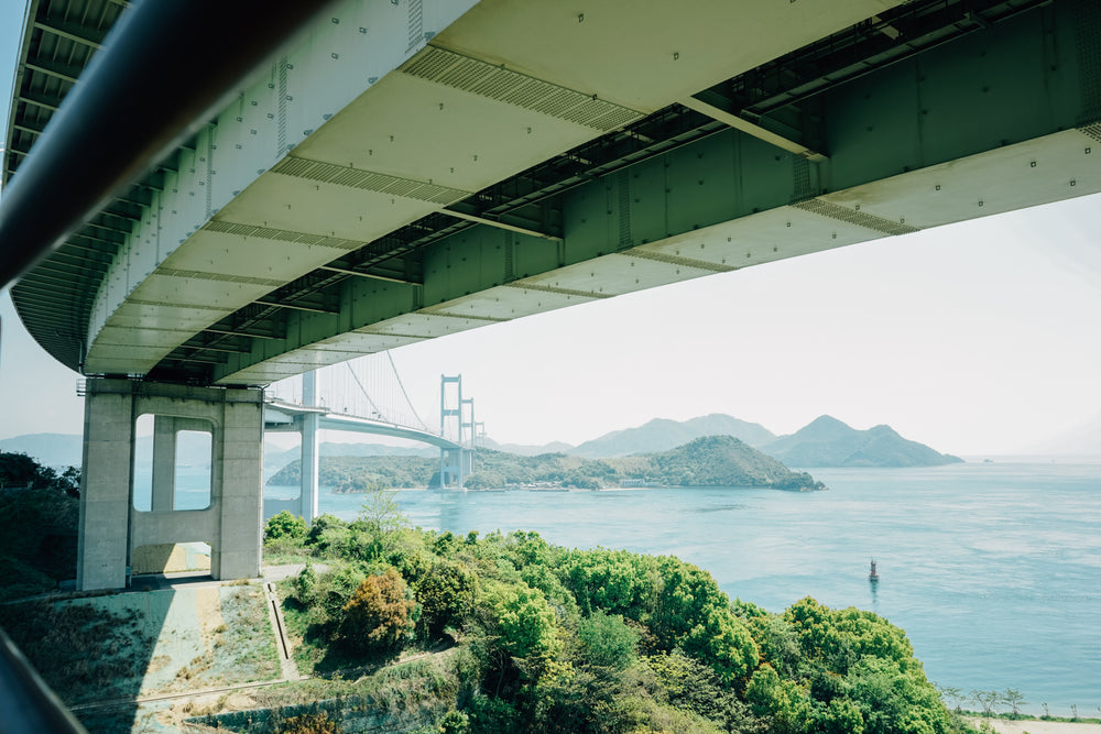 reaching bridge over water and mountians