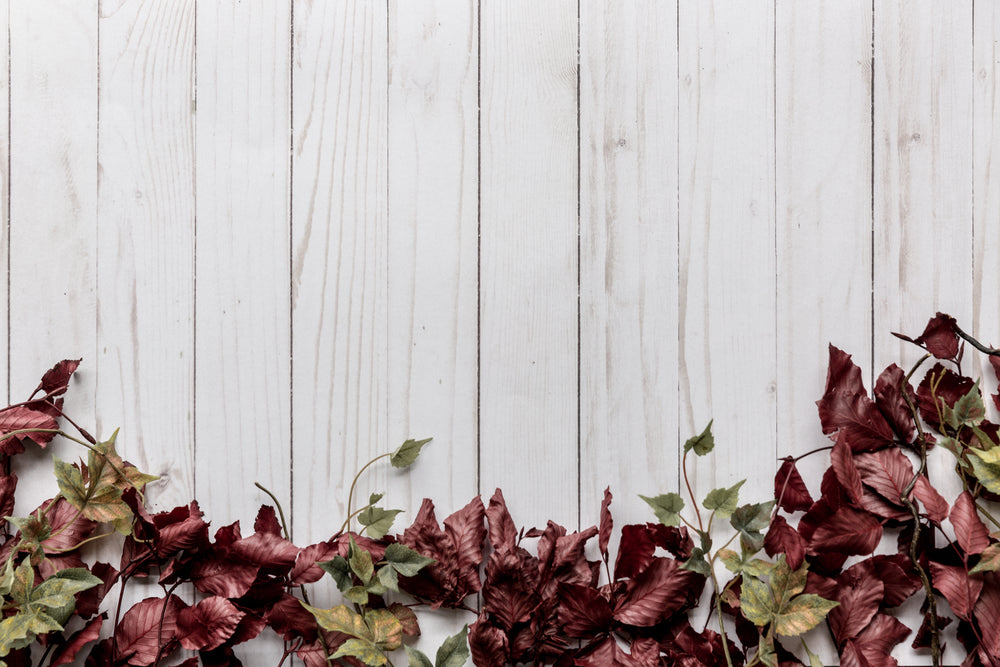 red and green leaves with wood background