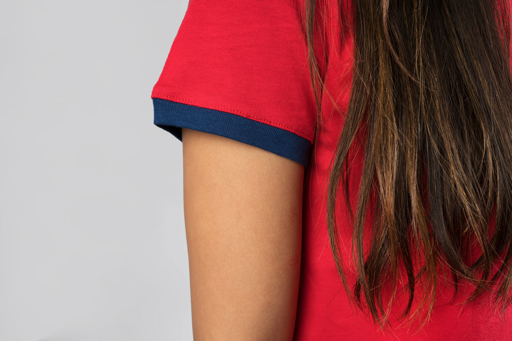 red and navy tee sleeve