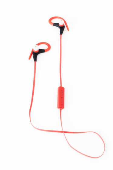 red bluetooth earbuds