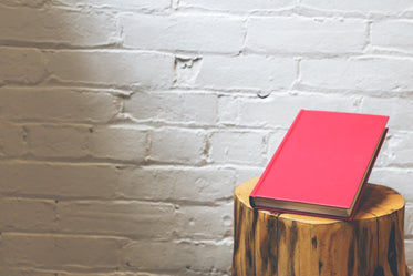 Hardcover magenta book on wooden furniture on a white brick wall background