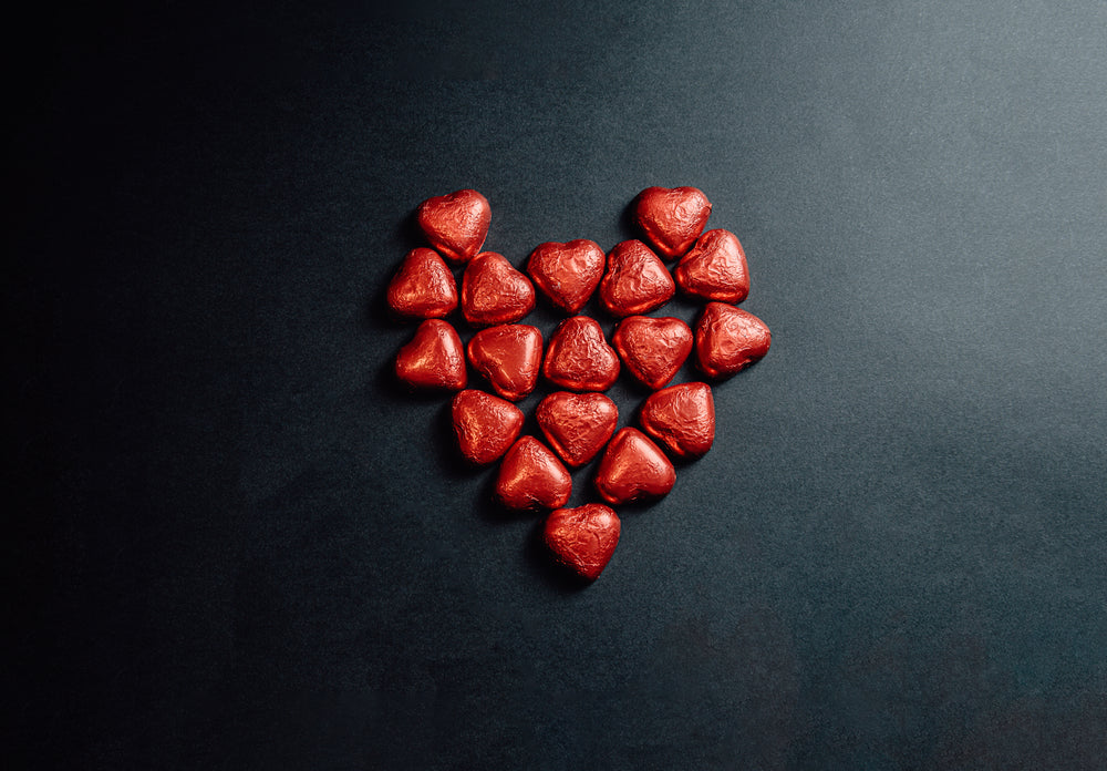 red foiled chocolate hearts in shape of a heart
