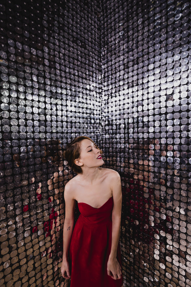 Red Party Dress In Silver Room