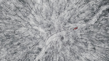 red pickup truck winds down a road through a snowy forest