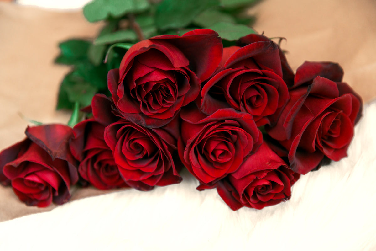 桌上放着红玫瑰花束