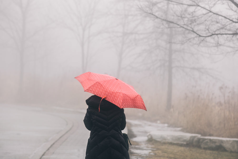 red umbrella walk in the rain