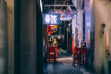 restaurant entrance lights vibrant alleyway